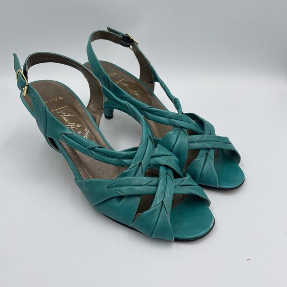 Vintage Italian Leather Sandals Turquoise Teal Womens 8.5 Pump Heel Strappy - Picture 1 of 9